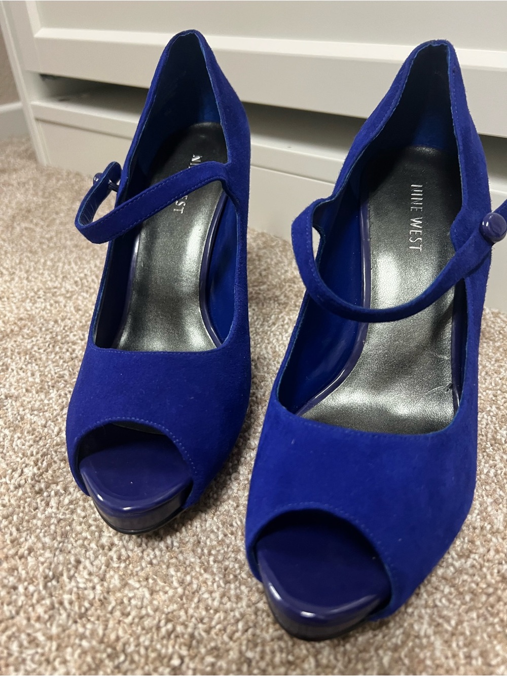 Nine West Royal Blue Suede Peep Toe Mary Jane Heels